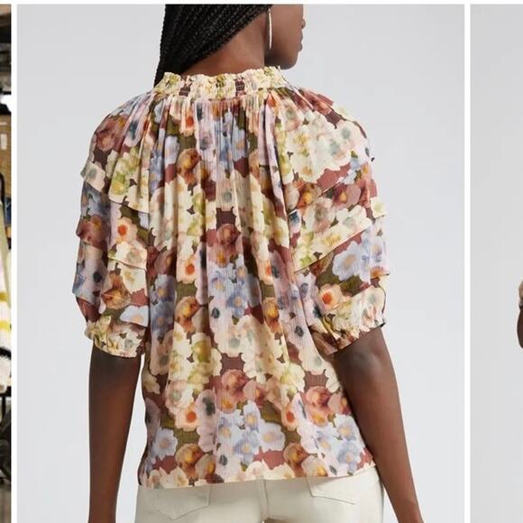 Rails Paris Floral Split Neck Top Small Multicolor Ruffle Sleeve Crinkle Blouse - Picture 3 of 11